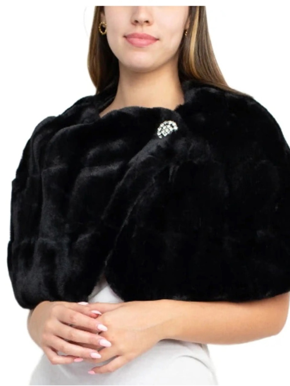 Nina Leonard Black Faux Fur Shrug with Rhinestone Brooch
